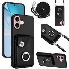 Per iPhone 16 Custodia per telefono con anello porta carte organo con cordino lungo (nero)