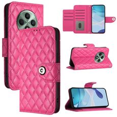 Per OPPO Reno12 F 5G Global Rhombic Texture Flip Custodia in Pelle per Telefono con Lanyard (Rosso Rosa)
