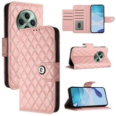 Per OPPO Reno12 F 5G Global Rhombic Texture Flip Custodia in Pelle per Telefono con Lanyard (Rosa Corallo)