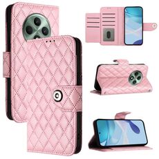 Per OPPO Reno12 F 5G Global Rhombic Texture Flip Custodia in Pelle per Telefono con Lanyard (Rosa)