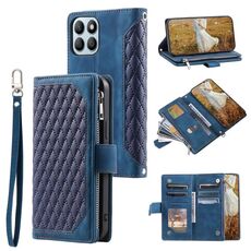 Per Honor X6b 4G Global Grid Texture Custodia in pelle con cerniera e cordino (blu)