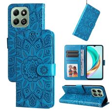 Custodia per telefono in pelle con motivo girasole in rilievo per Honor X6b (blu)