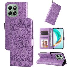 Custodia per telefono in pelle con motivo girasole in rilievo per Honor X6b (viola)