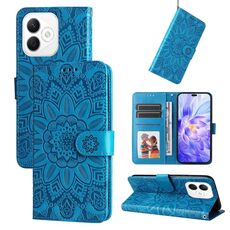 Custodia per telefono in pelle con motivo girasole in rilievo per Honor X60i (blu)