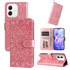 Custodia per telefono in pelle con motivo girasole in rilievo per Honor X60i (oro rosa)