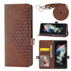Per Samsung Galaxy Z Fold6 Custodia per telefono magnetica in pelle di vitello con griglia cubica (marrone)