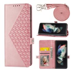 Per Samsung Galaxy Z Fold6 Custodia per telefono magnetica in pelle di vitello con griglia cubica (oro rosa)