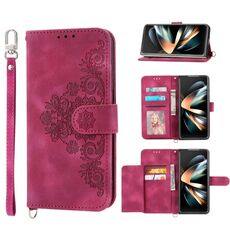 Custodia a portafoglio in pelle per Samsung Galaxy Z Fold6 Skin Feel con fiori in rilievo (vino rosso)