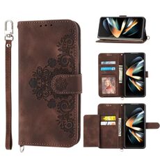 Per Samsung Galaxy Z Fold6 Custodia in pelle con portafoglio in rilievo con motivo a fiori (marrone)