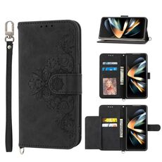 Per Samsung Galaxy Z Fold6 Custodia in pelle con motivo floreale in rilievo (nero)
