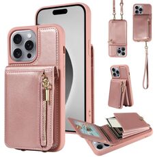 Per iPhone 16 Pro Max Crossbody Lanyard Zipper Wallet Custodia per telefono in pelle (oro rosa)