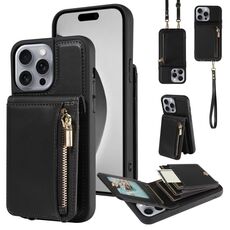 Per iPhone 16 Pro Max Custodia per telefono in pelle con cerniera e cordino a tracolla (nero)