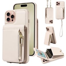 Per iPhone 16 Pro Crossbody Lanyard Zipper Wallet Custodia per telefono in pelle (beige)