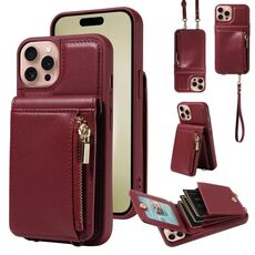 Per iPhone 16 Pro Crossbody Lanyard Zipper Wallet Custodia per telefono in pelle (rosso vino)