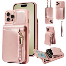 Per iPhone 16 Pro Crossbody Lanyard Zipper Wallet Custodia per telefono in pelle (oro rosa)