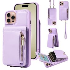 Per iPhone 16 Pro Crossbody Lanyard Zipper Wallet Custodia per telefono in pelle (viola)