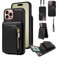 Per iPhone 16 Pro Crossbody Lanyard Zipper Wallet Custodia per telefono in pelle (nero)