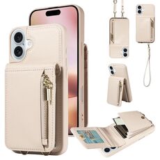 Per iPhone 16 Plus Crossbody Lanyard Zipper Wallet Custodia per telefono in pelle (beige)