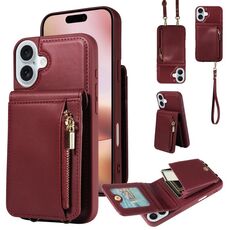 Per iPhone 16 Plus Crossbody Lanyard Zipper Wallet Custodia per telefono in pelle (rosso vino)