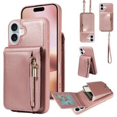 Per iPhone 16 Plus Custodia per telefono in pelle con cerniera e cordino a tracolla (oro rosa)
