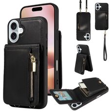 Per iPhone 16 Plus Custodia per telefono in pelle con cerniera e cordino a tracolla (nero)