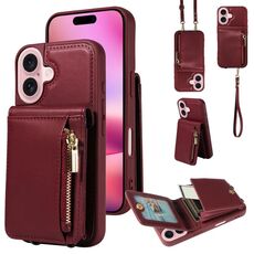 Per iPhone 16 Custodia per telefono in pelle con cerniera e cordino a tracolla (rosso vino)