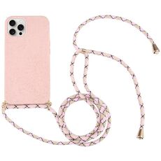 Per iPhone 16 Pro Max Custodia antiurto in TPU con paglia di grano e cordino per il collo (rosa)