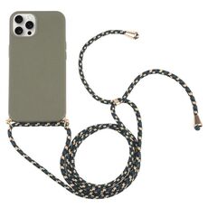 Per iPhone 16 Pro Wheat Straw TPU Custodia antiurto per telefono con cordino da collo (verde scuro)