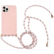 Per iPhone 16 Pro Wheat Straw TPU Custodia antiurto per telefono con cordino da collo (rosa)
