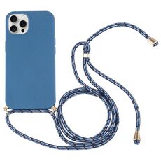 Per iPhone 16 Pro Wheat Straw TPU Custodia antiurto per telefono con cordino da collo (blu)
