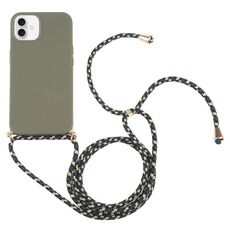 Per iPhone 16 Plus Custodia antiurto in TPU con cordino da collo in paglia di grano (verde scuro)