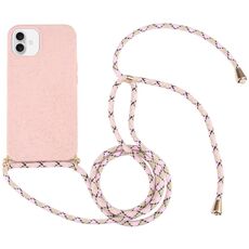 Per iPhone 16 Plus Custodia antiurto in TPU con cordino da collo in paglia di grano (rosa)