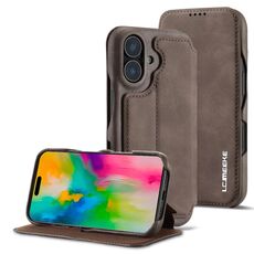 LC.IMEEKE Hon Ancient Series Custodia in pelle Flip per iPhone 16 Plus (caffè)