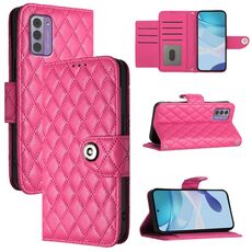 Per Nokia G42 / G310 Custodia per telefono in pelle con texture rombica e cordino (rosso rosa)
