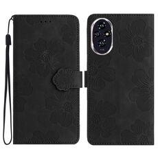 Custodia in pelle con motivo a rilievo floreale per Honor 200 (nero)