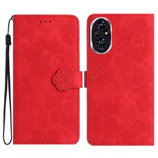 Custodia in pelle con motivo a rilievo floreale per Honor 200 Pro (rosso)