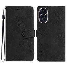 Custodia in pelle con motivo a rilievo floreale per Honor 200 Pro (nero)