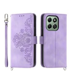 Custodia in pelle con portafoglio in rilievo con fiori per Honor X6b (viola)