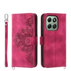 Custodia in pelle con portafoglio in rilievo con fiori per Honor X6b (rosso vino)