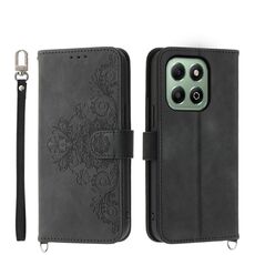 Custodia in pelle con portafoglio in rilievo con fiori per Honor X6b (nero)