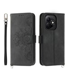 Custodia in pelle con portafoglio in rilievo con fiori per Honor X60i (nero)