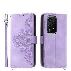 Custodia per telefono in pelle con portafoglio in rilievo con fiori per Honor 200 Lite (viola)