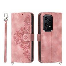 Custodia per telefono in pelle con portafoglio in rilievo con fiori per Honor 200 Lite (rosa)