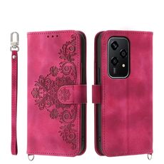Custodia per telefono in pelle con portafoglio in rilievo con fiori per Honor 200 Lite (rosso vino)