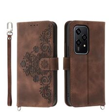 Custodia per telefono in pelle con portafoglio in rilievo con fiori per Honor 200 Lite (marrone)
