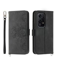 Custodia per telefono in pelle con portafoglio in rilievo con fiori per Honor 200 Lite (nero)