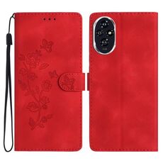 Per Honor 200 Pro Custodia in pelle con motivo a farfalla e fiore in rilievo (rosso)