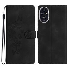 Per Honor 200 Pro Custodia in pelle con motivo a farfalla e fiore in rilievo (nero)