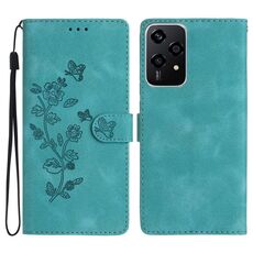 Custodia in pelle con motivo in rilievo a farfalla per Honor 200 Lite Global Flower (azzurro cielo)