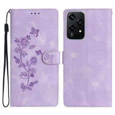 Per Honor 200 Lite Custodia in pelle con motivo a farfalla e fiore globale (viola)